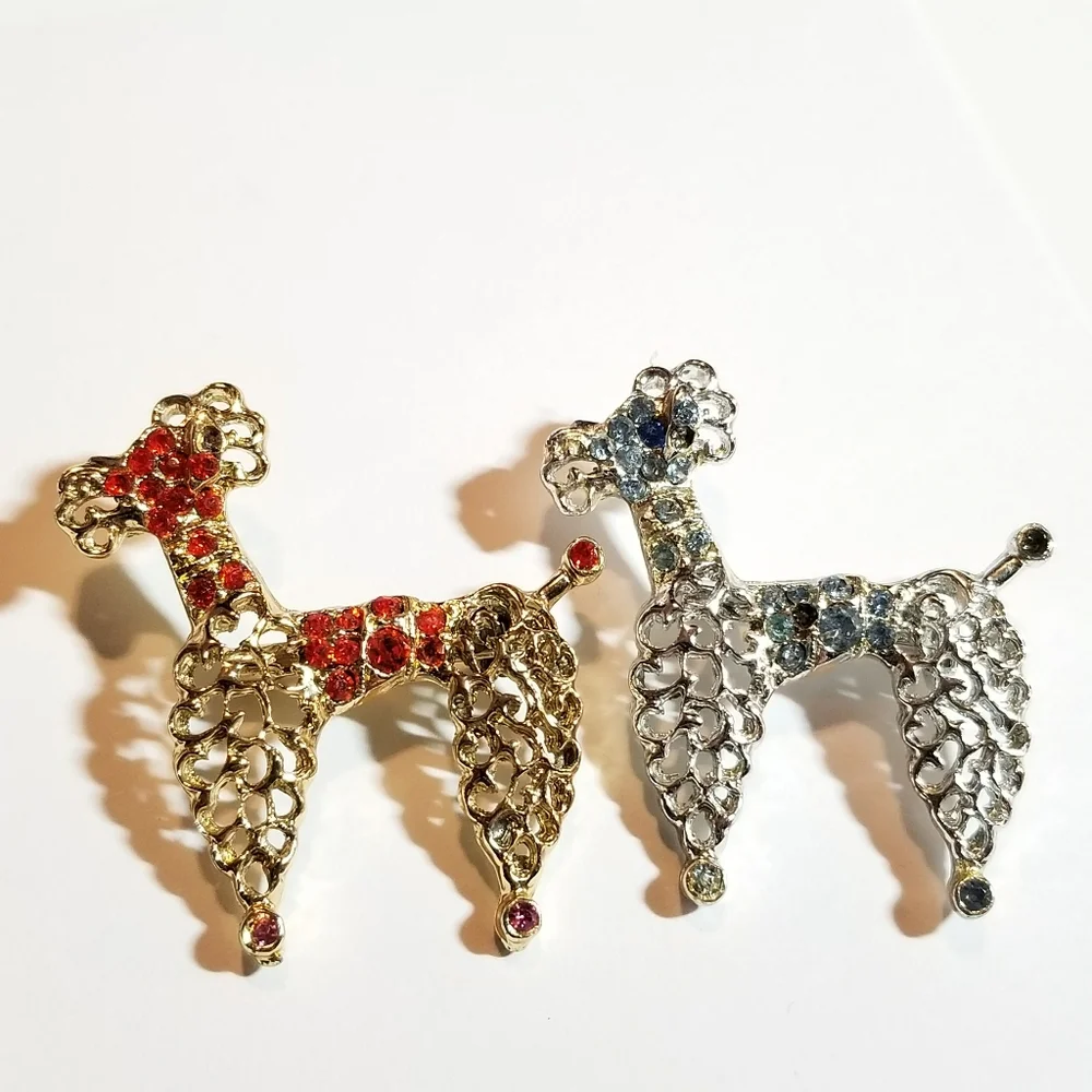 Two vintage poodle pins rhinestone dog brooch